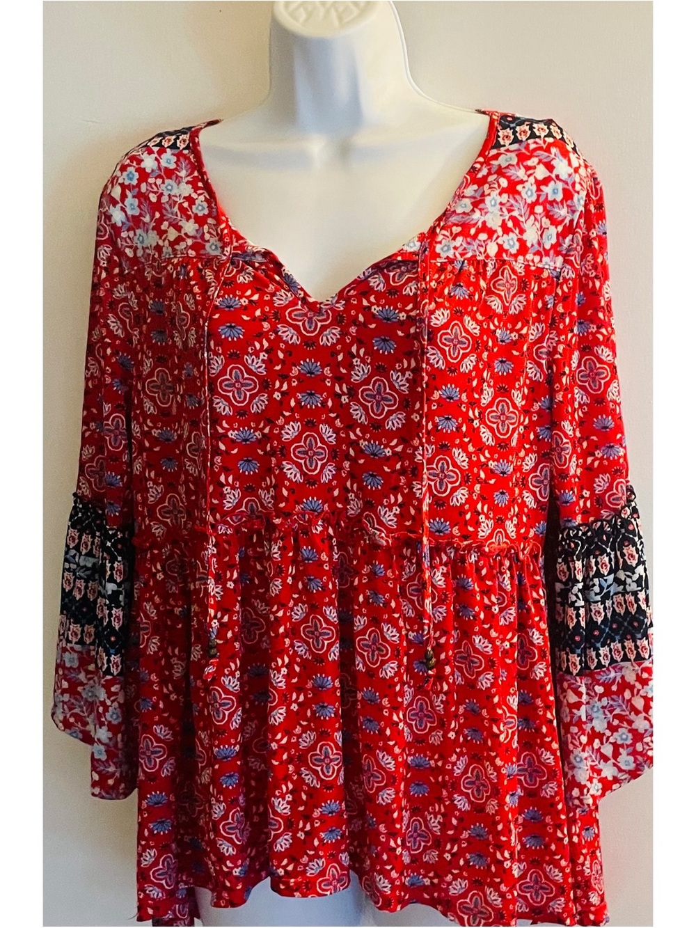 Style & Co. Red Floral Peasant Tunic with Navy Sleeve Accents